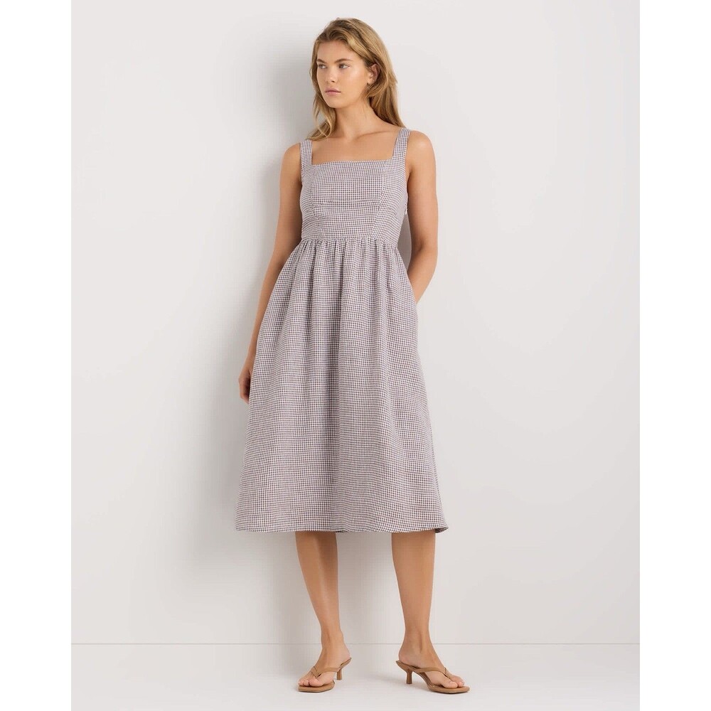 Quince 100% European Linen Fit & Flare Midi Dress Brown Taupe Gingham Size S